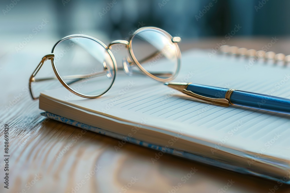 Productivity in simplicity - classic notebook, pen, and eyeglasses on wooden desk Productivity in simplicity - classic notebook, pen, and eyeglasses on wooden desk