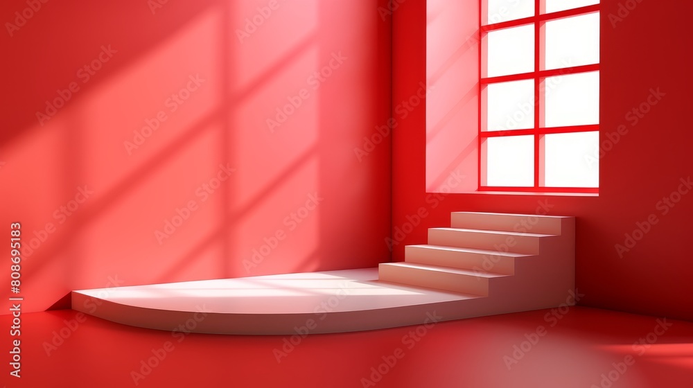 3D modern room with stairs over red wall background. Plain geometric pedestal with staircase for product. Perspective view layout with platform and light coming from window. Minimalist presentation. 3D modern room with stairs over red wall background. Plain geometric pedestal with staircase for product. Perspective view layout with platform and light coming from window. Minimalist presentation.