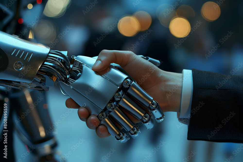 Close-up image of a handshake between a human hand and a robotic arm against a blurred background with bokeh lights Close-up image of a handshake between a human hand and a robotic arm against a blurred background with bokeh lights