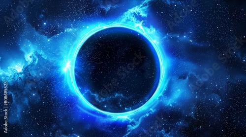 Abstract black hole in cosmic galaxy with stars shining bright in night sky. Nebula portal with neon blue motion in outer space on transparent background.