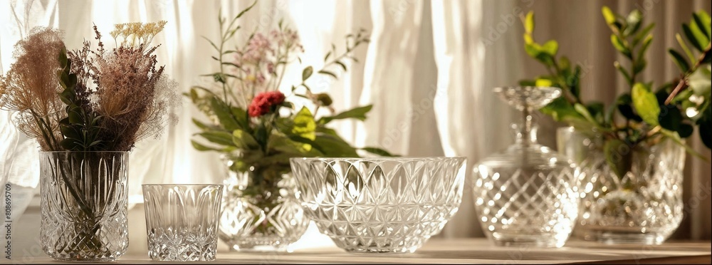Fototapeta premium A collection of crystal glass vases with cut patterns, each containing different flowers and greenery, arranged on an elegant table in front of soft curtains. The scene exudes luxury, sophistication