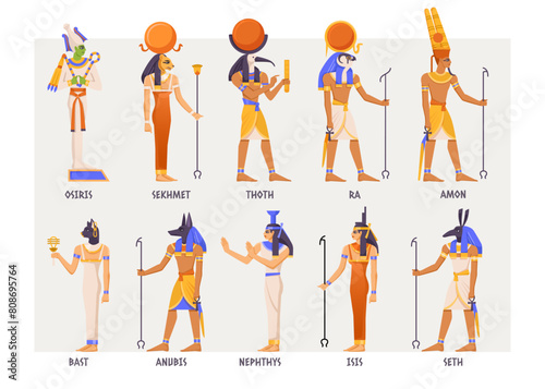 Vector illustration of Egyptian gods, in a cartoon style, on a light background, depicting ancient mythology. Vector illustration