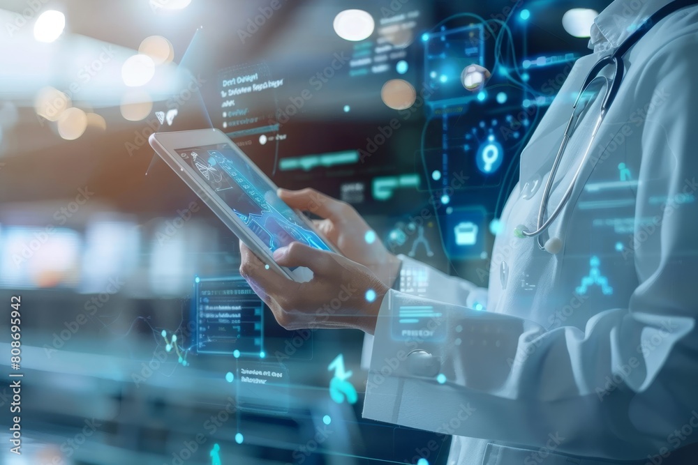 Doctor using tablet for patient data entry - digital healthcare innovation in medical technology
