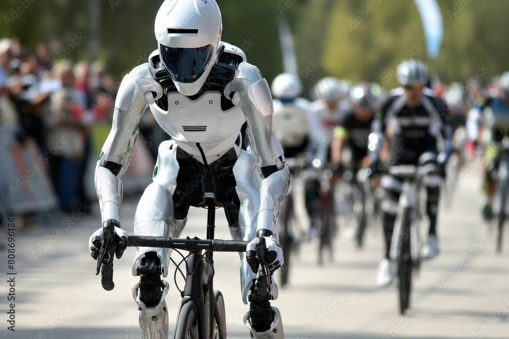 Humanoid robot participating in a bike race, showcasing advanced technology in sports