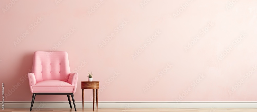 An empty room with white walls features a retro chair adorned with pastel pink upholstery complemented by a wooden table There is copy space available in the image
