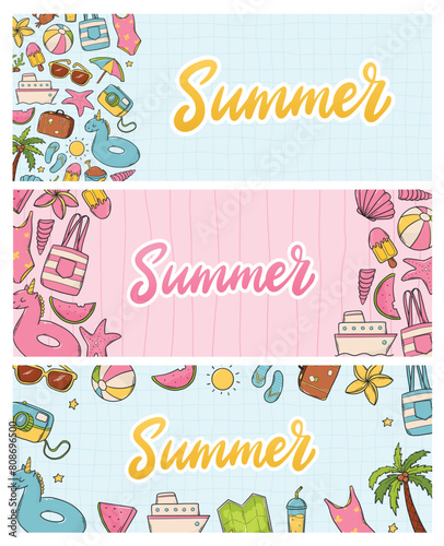 summer horizontal banners collection decorated with lettering quotes and doodles. Good for posters  prints  cards  social media covers  advertising  etc. EPS 10