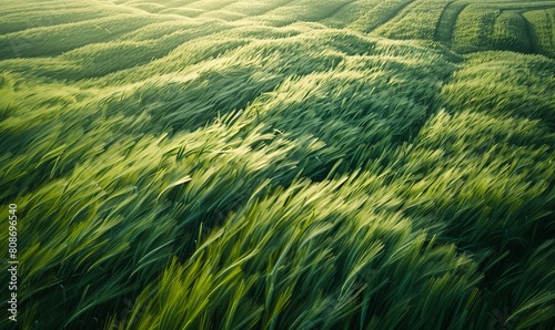 Aerial view of green barley fields swaying in the wind photo