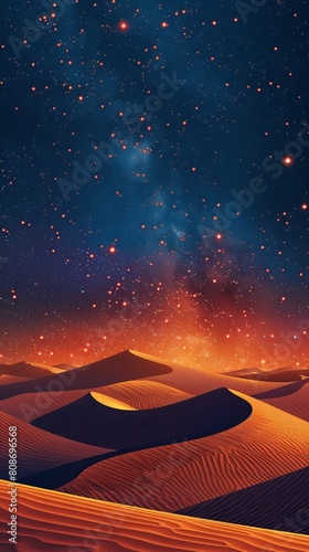 Desert Landscape with Sand Dunes and Warm Gradient Starry Sky. Peaceful Contemporary Wallpaper.