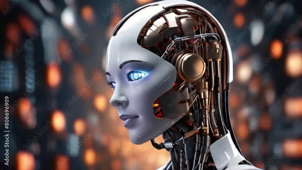Artificial intelligence. Futuristic humanoid robot is activated Artificial intelligence. Futuristic humanoid robot is activated