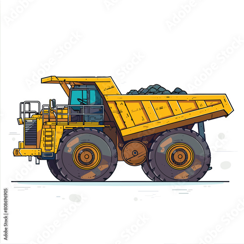 Yellow dump truck loaded rocks cartoon style isolated white background. Construction mining heavy machinery vehicle cartoon illustration. Detailed artwork haul truck mining equipment vector drawing