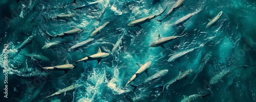 Aerial view of a dense swarm of spinner sharks in the Atlantic Ocean photo