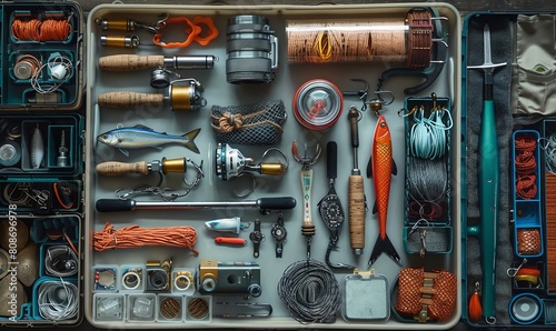 Overhead view of flat lay fishing tackle and supplies including lure, reel, hook and more to help angler catch fish. photo