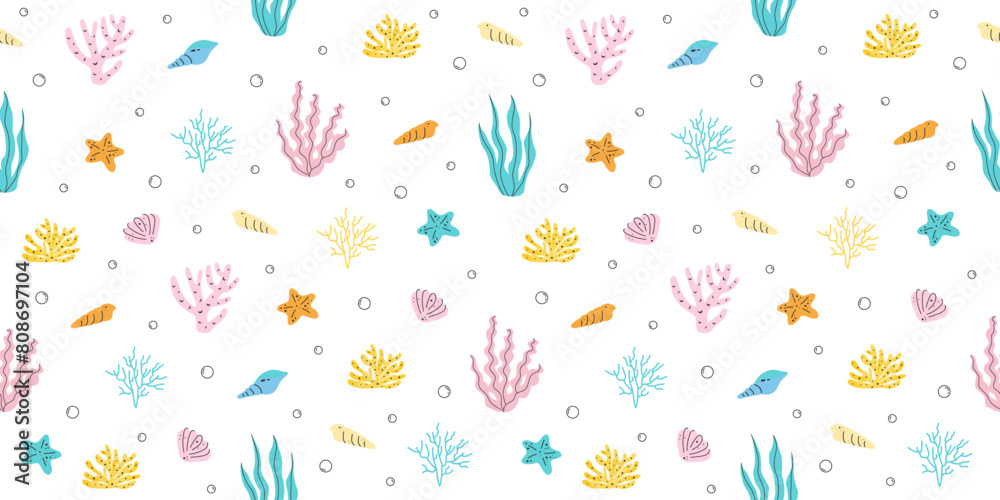 Seamless pattern with corals, seaweed or algae