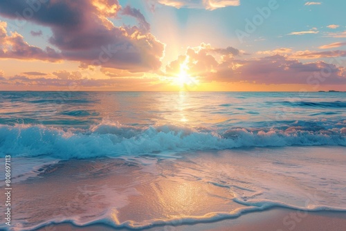 Tranquil beach sunrise with pastel sky