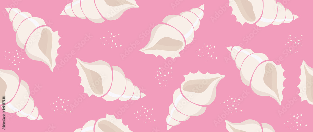 Flat illustration. Seamless sea shells on a pink background. In cartoon style. Cute lint print. Perfect for gift wrapping, poster, cover, screen saver, textile decor and more... Flat illustration. Seamless sea shells on a pink background. In cartoon style. Cute lint print. Perfect for gift wrapping, poster, cover, screen saver, textile decor and more...
