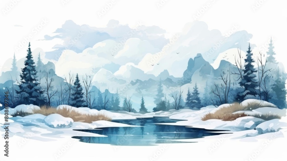 Obraz premium Ecosystem flat design side view winter water color Monochromatic Color Scheme