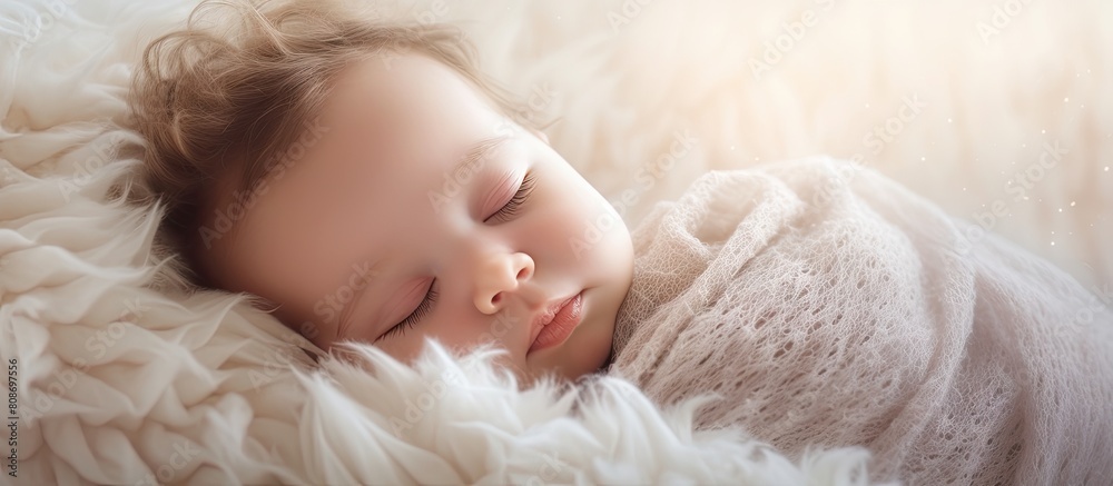 Closeup of a little baby peacefully resting on a soft blanket with a light background providing ample space for text Closeup of a little baby peacefully resting on a soft blanket with a light background providing ample space for text