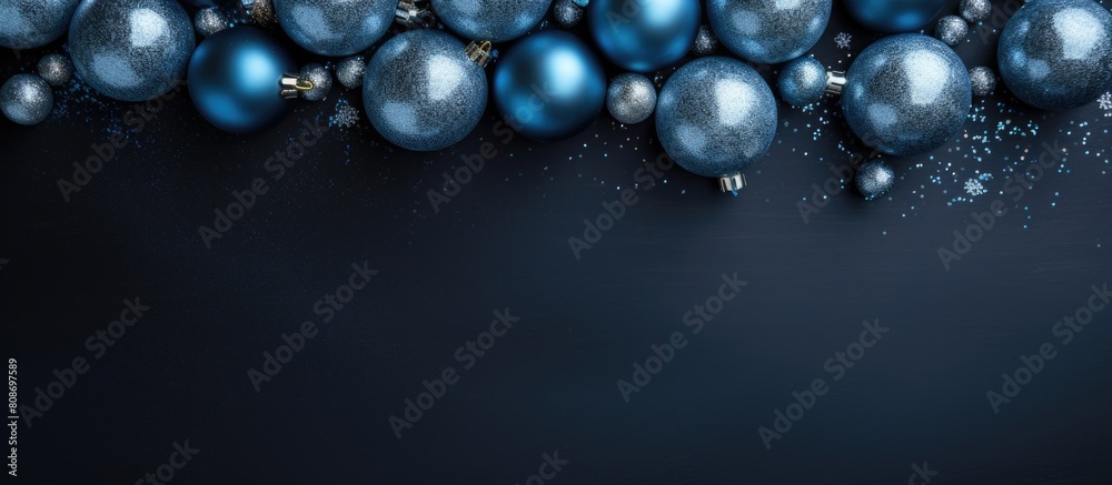 A top view of a creative composition for Christmas and New Year decorations It features blue and silver balls on a dark blue background with copy space for an image A top view of a creative composition for Christmas and New Year decorations It features blue and silver balls on a dark blue background with copy space for an image
