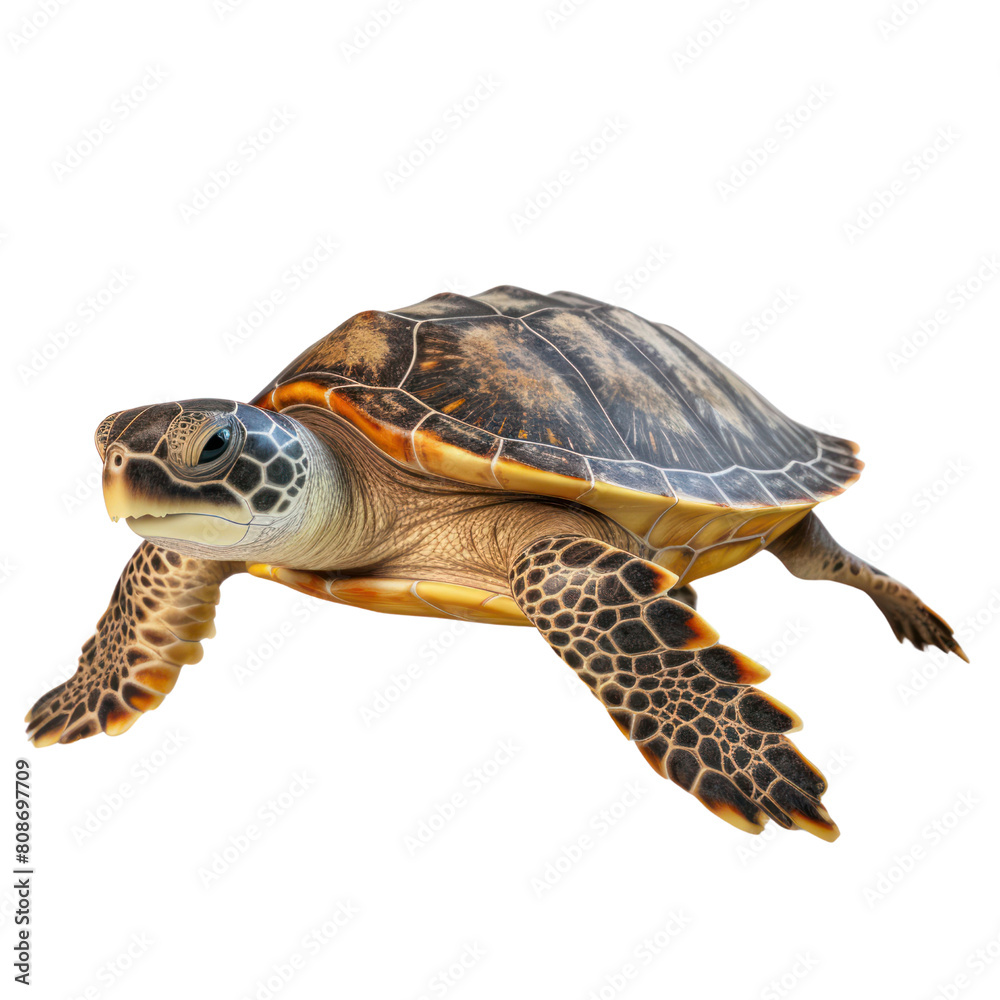 Obraz premium A green sea turtle swimming in the ocean. The turtle is a beautiful creature that is well-adapted to its environment.