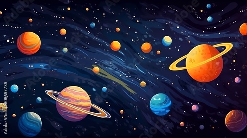 Explore the vastness of space with this stunning digital art piece. From vibrant planets to swirling galaxies  this image will take you on a journey through the cosmos.