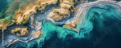 Aerial view of abstract water formation along the coastline of Elton Lake, a large salt lake with minerals in Vengelovskoe, Volgograd Oblast, Russia. photo