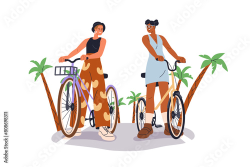 Young women friends riding bicycles together. Happy girls couple on active tropical holiday, cycling on bikes, talking. Girlfriends travel. Flat vector illustration isolated on white background