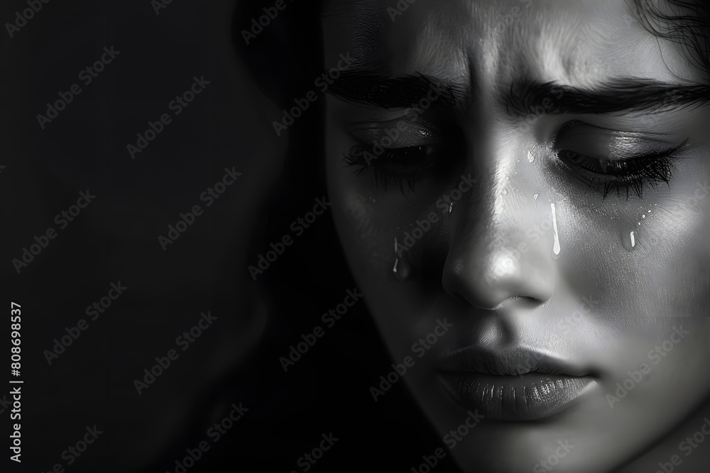 black and white portrait of a woman cry