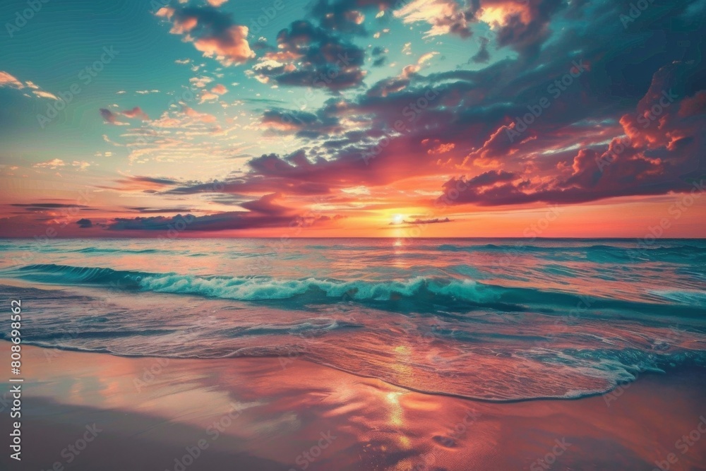 Golden sunset over vibrant sandy beach