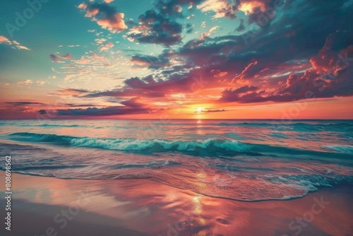 Golden sunset over vibrant sandy beach © kmmind