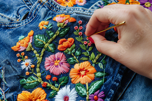 Repairing jeans with floral hand embroidery. Second life of clothes. Creative handmade decoration of clothes.