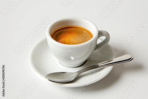 A close-up of a white espresso cup with crema topped coffee on a saucer, accompanied by a silver teaspoon