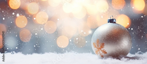 Blurred background with a Christmas or New Year decoration featuring snow garland and copy space image