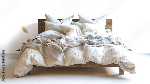Isolated image of a wooden bed with several blankets and pillows.