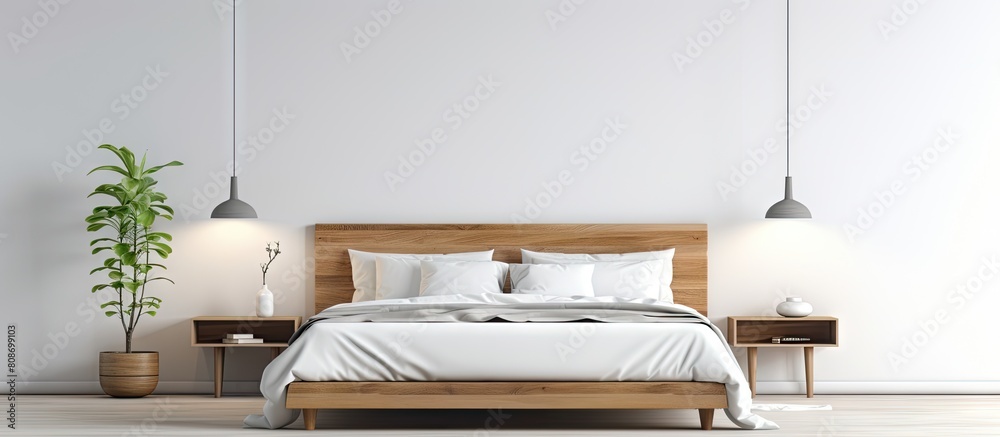 A modern minimalist bedroom with a bright and well lit ambiance It features a timber bed adorned with clean white sheets A copy space image A modern minimalist bedroom with a bright and well lit ambiance It features a timber bed adorned with clean white sheets A copy space image