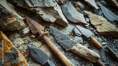 Stone Tools: In the Stone Age, early humans crafted tools from flint and other stones, shaping them into sharp edges for cutting and hunting photo