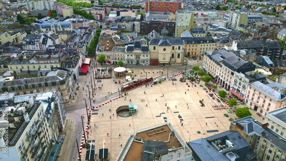 Republic Square or Place de la Republique, Le Mans in France. Aerial drone backward ascending Republic Square or Place de la Republique, Le Mans in France. Aerial drone backward ascending