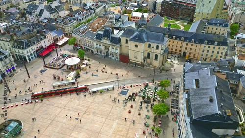 Republic Square or Place de la Republique, Le Mans in France. Aerial drone forward ascending photo