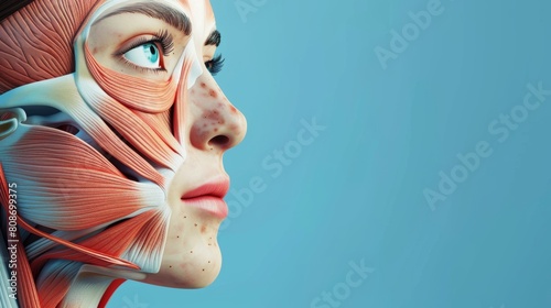 A young woman with a half-face showing a structure of muscles under the skin. photo
