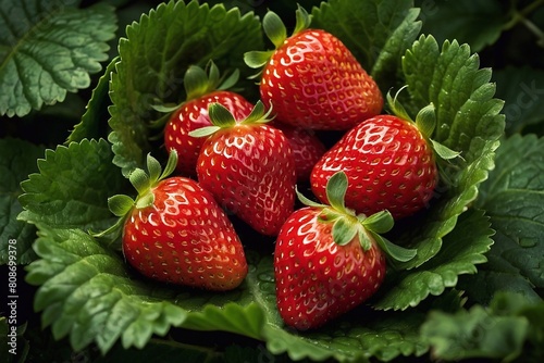 Fresh juicy ripe strawberries among green leaves. Generative AI.