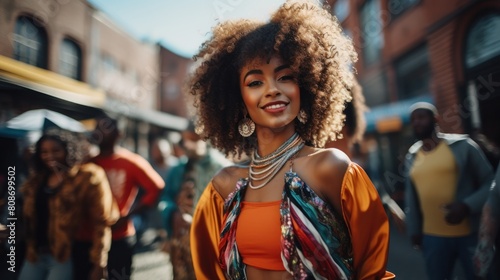 Beautiful african american woman with afro hairstyle, wear on orange blouse and scarf, walking on street