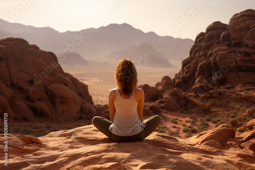 Generative AI illustration happy yoga person enjoying medication in natural wild conditions beautiful view photo