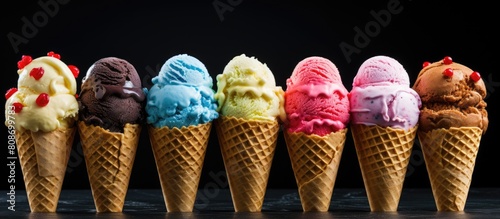 A variety of ice cream cones are arranged on a white wooden surface A plain and crispy cone is available for creating a menu design for sweet treats with ample space for text