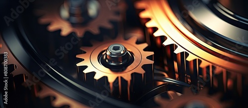 The close up image features a gear wheel in motion symbolizing the rotating mechanism of a vehicle s spare part. Copy space image. Place for adding text and design photo