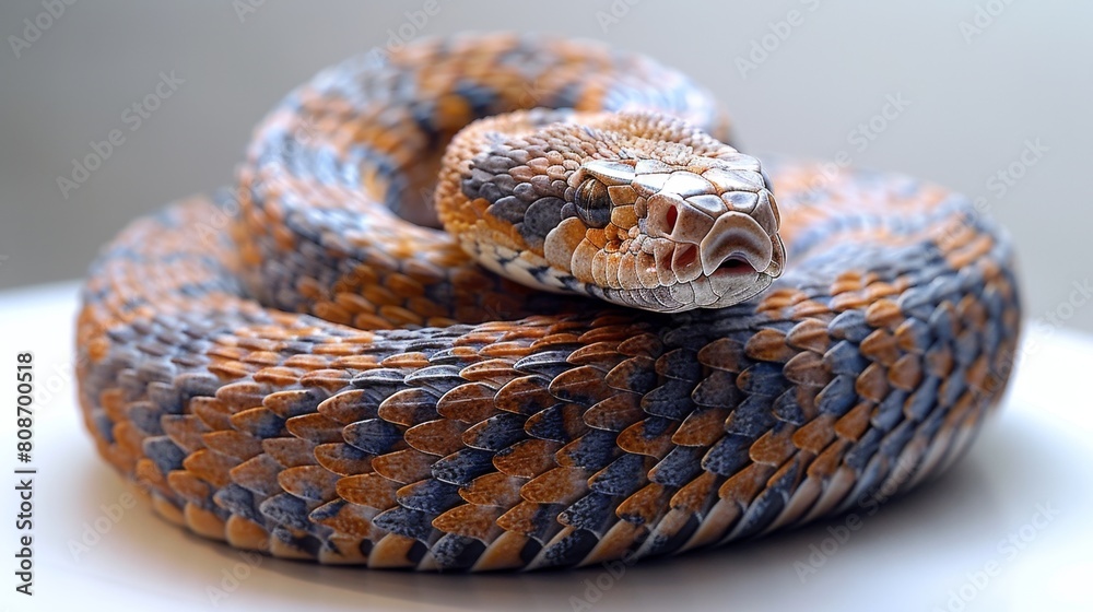 Fototapeta premium Image of a fully coiled snake, white background, left blank on the right with space for copy, Graceful Serpent - A Captivating Robotic Marvel