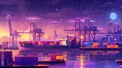 Port at night with cargo container and ship modern illustration. Cargo terminal at night with crane light. Cartoon background with ocean terminus and warehouse and freight transportation. photo