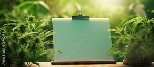 A green aralia plant is seen alongside a clipboard featuring a blank paper for a mockup. Copy space image. Place for adding text and design photo
