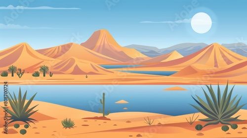 Modern cartoon scenery with yellow sand dunes or mountains along a desert river. Olive trees, dusty green plants under blue skies in dry African Sahara cracks.