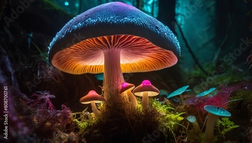 Bioluminescent mushroom world vibrant flora, glowing vines, and a hidden crystal chamber mushroom in the forest