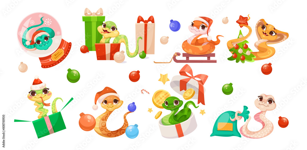 Cartoon snakes celebrating Christmas with gifts, baubles, ornaments, and festive attire, illustrated on a white background. Vector illustration