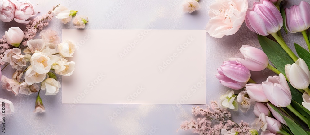A flat lay image featuring a postcard mockup with a lovely bouquet of spring flowers leaving room for text. Copy space image. Place for adding text and design A flat lay image featuring a postcard mockup with a lovely bouquet of spring flowers leaving room for text. Copy space image. Place for adding text and design